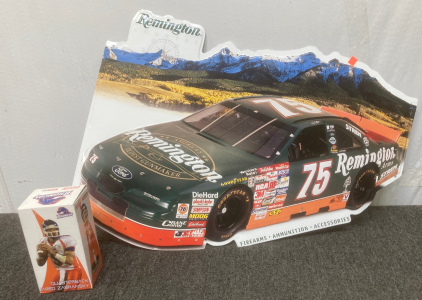 Remington NASCAR Tin Sign And Zebransky BSU Bobblehead