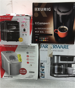 Keurig Compact Pod Coffeemaker, Farberware Dual Brew Coffeemaker, Frigidaire Ice Maker, (2) Mini 6 Can Fridges