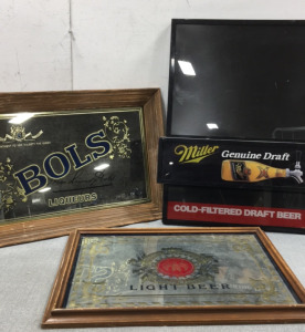 (1) Miller Draft Beer Light Board, (1) Bols Liqueurs Mirror Art (1) Henry Weinhard’s Beer Mirror Art