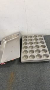 (1) Buffet Tray Dish Stainless Steel lid (4) Two Dozen Commercial cupcake pans