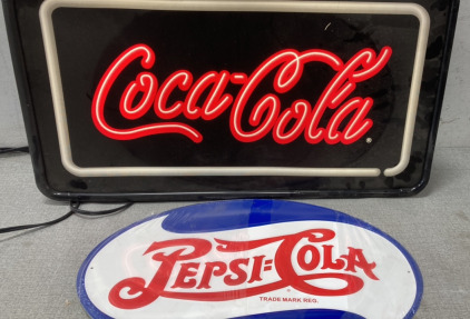 Light Up Coca-Cola Sign and Metal Pepsi-Cola Sign