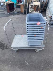 (1) Rolling Cart (10) Plastic Gray Tubs