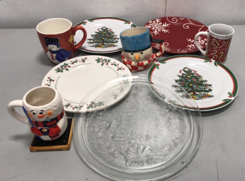 (4) Christmas Plates (1) Platter, (4) Ceramic Christmas Coffee Mugs