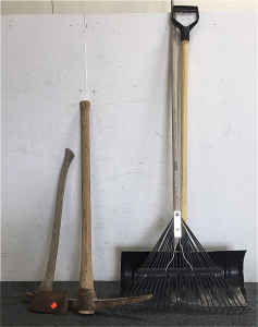 (1) Wood Handle Axe (1) Wood Handle Pick Axe (1) Ames Leaf Rake (1) Snow Shovel