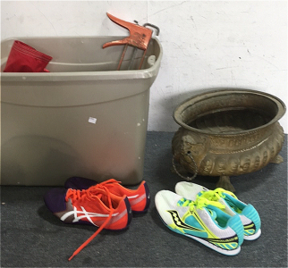 (1) Plastic Tote With Various Household items (1) Pair size 10 Womens ASICS Sprinter Shoes (1) saucony Sprinter Shoes size 10 Womens (1) Metal Lion Plant Holder