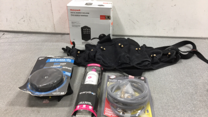 (1) Honeywell Keypad and Deadbolt Set (1) Replacement Trimmer Head (1) Fridge Water Filter (1) Faucet Pull-Out Hose, (1) Ammo Carry Pack