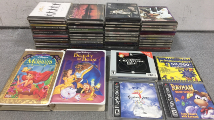 CDs: Classical, Country, and more, Beauty and the Beast VHS, Little Mermaid VHS, Computer Games
