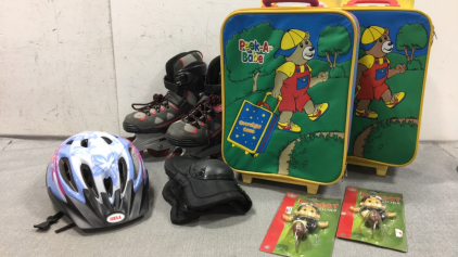 (2) Peek-a-Babe Child Suitcases, (2) Chargers Mascot Wall Hooks, (1) Size 7 Rollerblades, Kneepads, Youth Helmet