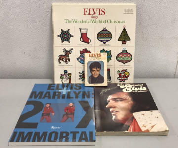 Elvis Collection of Albums and Books. (3) Elvis Sings “The Wonderful World of Christmas, Elvis + Marilyn Immortal 2X, The Illistrated Elvis And More