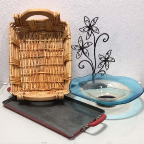 Artglass Bowl, Metal Flowers, Woven Baskets, Griddle Pan