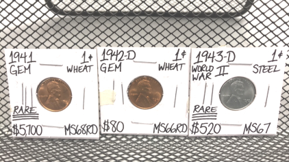 (1) 1941 GEM One Cent Wheat Penny “Rare” MS68RD, (1) 1942-D GEM One Cent Wheat Penny MS66RD, (1) 1943-D WWII Steel One Cent Wheat Penny “Rare” MS67