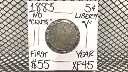 1883 Liberty “V” 5 Cent Coin. First Year XF45