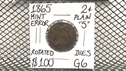 1865 Two Cent, Plain “5” Mint Error, Rotated Dies G6