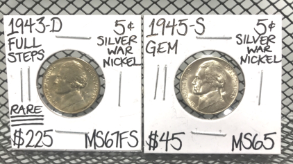 (1) 1943-D Full Steps 5 Cent Silver War Nickel MS65, (1) 1945-S GEM 5 Cent Silver War Nickel MS65