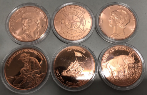 (6) One Ounce Copper Coins. Donald Trump, Fire Rescue, Liberty, American Prospector, US Marines Iwo Jima February 23 1945, American Wildlife Rhinoceros