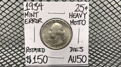 1934 Quarter Dollar Mint Error Heavy Motto AU50