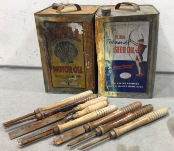 (2) Vintage Oil Canisters, (8) Craftsman Chisel Tools