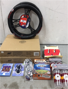 (3) Pair of Ohio State Steering Wheel Covers, SF Giants Puzzle, (2) Pair of Redskins Baby Bottles, (5) NY Giants Keychains, Pacifiers and Pacifier Clips