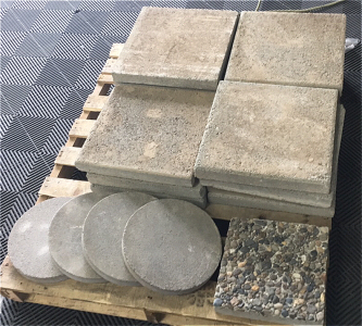 (15) 1.5” x 1.5” Concrete Pavers (3) 12” Round Pavers (1) 12” x 12” Stepping Stone (10) Cinder Blocks