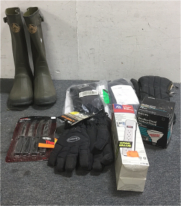 (3) Pairs Of Heavy Winter Gloves (1) Pair Of Proline Waterproof Insulated Rubber Boots (4) Chef Craft Steak Knife Set (2) PC Accessories 6-Outlet Surge Protectors (1) Phillips 75-Watt Floodlight bulb