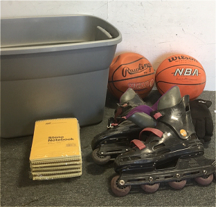 (2) Basketballs (1) Pair Of Astroblade Rollerblades ((10) Steno Notebooks (1) Pair Fula Gloves (1) Sterilite 18 Gallon Tote