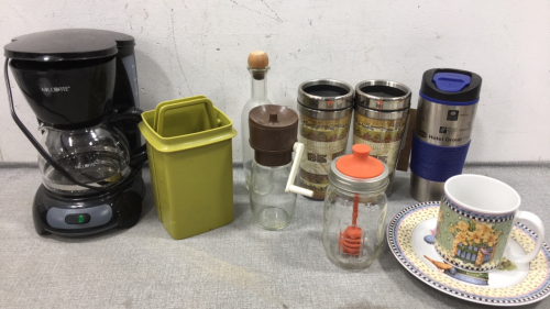 Mr. Coffee Coffeemaker, (3) To Go Coffee Mugs, Mason Jar w/ Honey Spoon Attachment, Grinder and Jar, Pickle Container, Debbie Mumm Cup and Plate