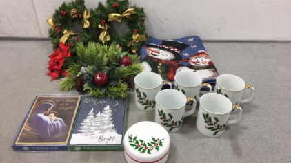 Christmas Decor: (3) Mini Wreaths, Table Runner, (5) Mugs, Set of 6 Coasters, Greeting Cards