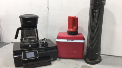 Ionic Air Purifier, Rubbermaid Cooler, Flashlight, Mr. Coffee Coffeemaker, HP Printer