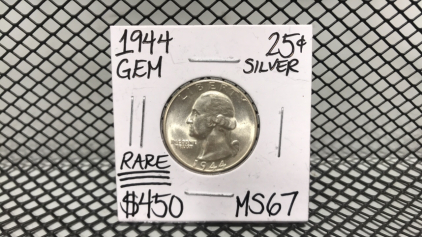 1944 GEM Silver Quarter Dollar Rare MS67
