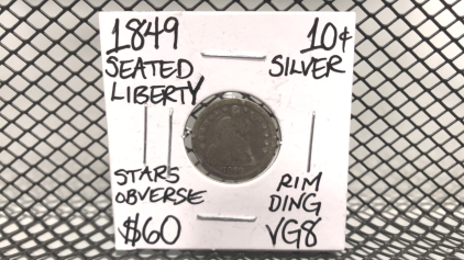 1849 Seated Liberty Silver 10 cent coin, stars obverse, rim ding VG8