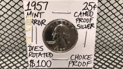 1957 Silver Quarter Dollar Mint Error, Dies Rotated Choice Proof