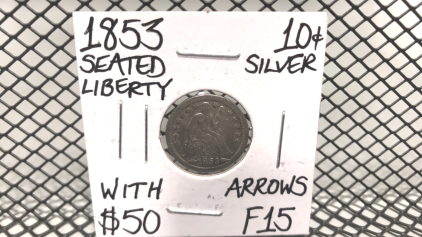 1853 Seated Liberty Silver 10 cent coin, with arrows F15