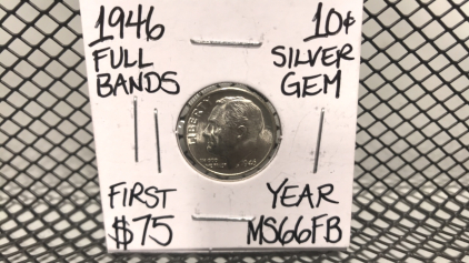 1946 Full Bands Silver GEM 10 cent coin, first year MS66FB