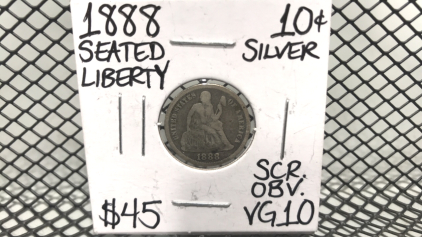 1888 Seated Liberty Silver 10 cent coin SCR. OBV. VG10