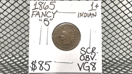 1865 Fancy &ldquo;5&rdquo; Indian One Cent Coin SCR. OBV. VG8