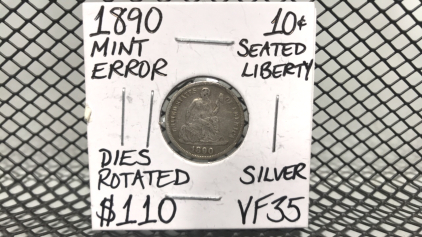 1890 Seated Liberty Silver 10 cent coin, Mint Error, Dies Rotated