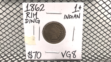 1862 Indian One Cent Coin, Rim Ding VG8