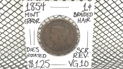 1854 Braided Hair, One Cent Coin, Mint Error Dies Rotated. SCR. REV. VG10