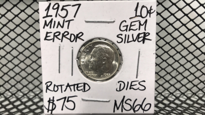 1957 GEM Silver 10 cent coin, mint error rotated dies MS66