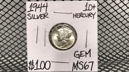 1944 Mercury Silver 10 cent coin, GEM MS67