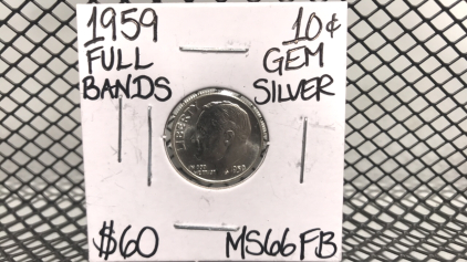 1959 Full Bands GEM Silver 10 Cent coin MS66FB