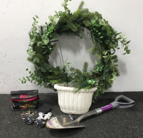 Wreath, mini hand shovel, and more