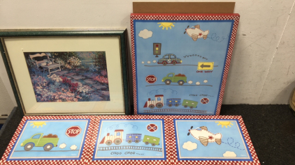 Children's Art Pictures And A Picture Of Flowers By A Pond