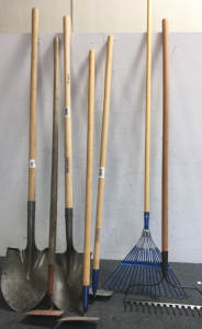 (2) Wood Handle Shovels (3) Wood Handle Garden Hoes (2) Wood Handle Rakes