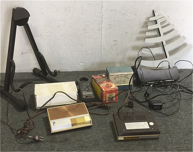 (2) Realistic Plug N’ Talk FM Wireless Intercoms (1) Terk Air TV Antenna (1) RCA Power Line Monitor (1) Tenma Clamp On Meter (1) Guitar Stand