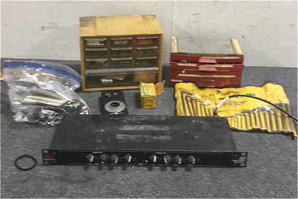 (1) DBX Stereo 2-Way/Mono 3-way Crossover (1) 25-Piece Pittsburgh Hex Key Set (2) Small Tool Boxes Full of Assorted Electrical Components (1) Sabine Zipbeat (1) Greenlee Round Metal Punch Set