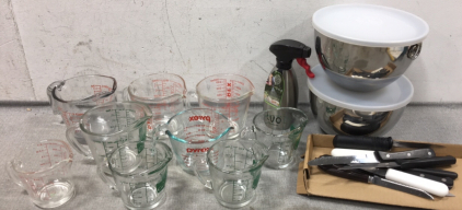 (9) Various Size Glass Measuring Cups, Metal Bowls w/ Lids, Evo Oil Sprayer, (9) Kitchen Knives
