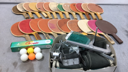 (23) “Vintage” Table Tennis Paddles, (12) Table Tennis Balls, Net and Clamps