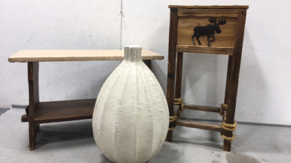 Small Wood Table w/ Compartment, Small Wood Bench, Large Pottery Vase