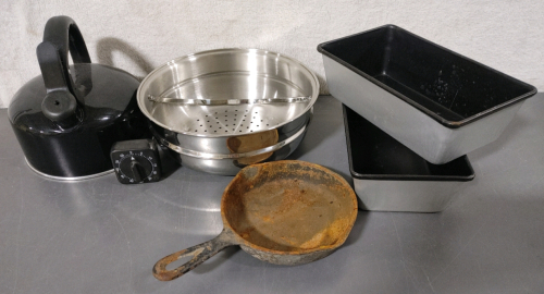 Small Cast Iron Pan, Timer, (2) Baking Pans, Tea Pot, & Metal Strainer